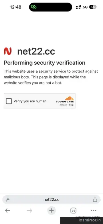 Safari on iPhone showing the Cloudflare human-verification captcha when first visiting net22.cc