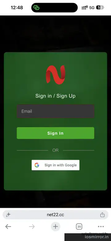 NetMirror sign-up form on iPhone Safari asking for email and password — no phone or payment