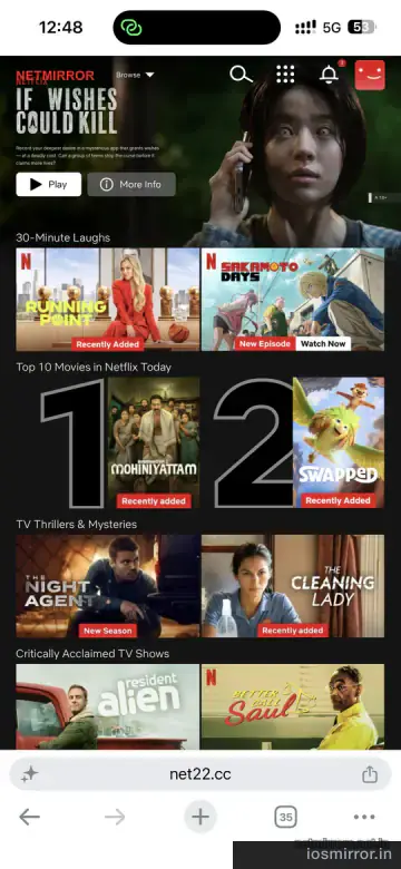 iOSMirror home screen running in Safari on iPhone — Netflix, Prime, Disney+ Hotstar mirror tabs visible