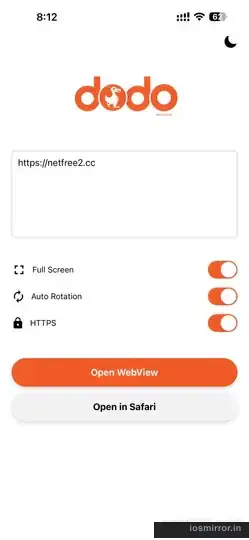 DODO Webview URL setup screen with net22.cc pasted in the input field
