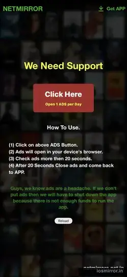 NetMirror ads-support acknowledgment prompt inside the DODO Webview app